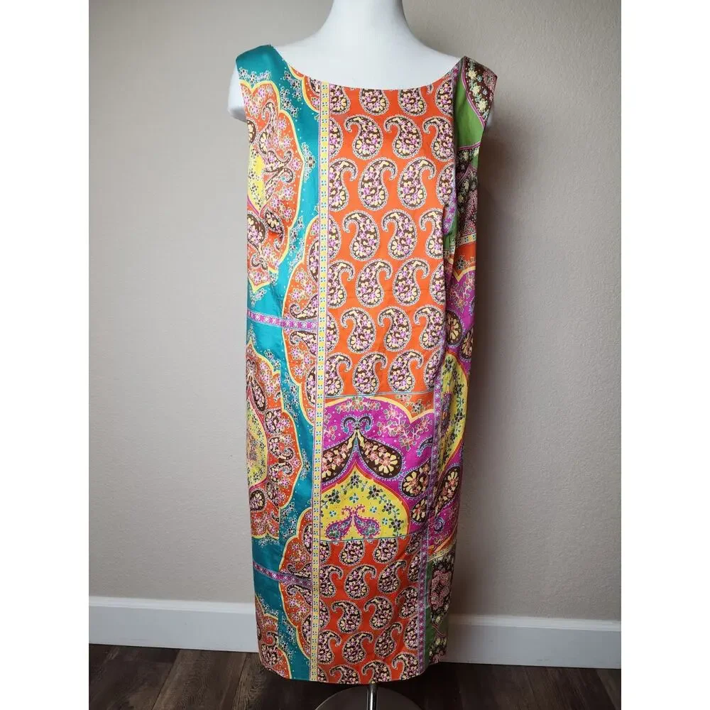 Peter Nygard Lined Sheath Sleeveless Dress Knee Length Bold Print Orange Yellow